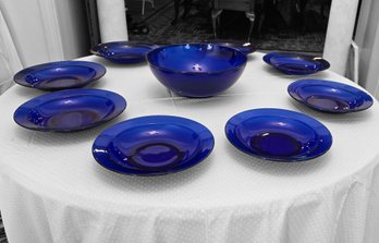 Set Of Cobalt Blue Glass Bowls With Matching Serving Bowl MCM