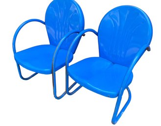 A Royal Blue Vintage Metal Shell Back Outdoor Chairs - Art Deco Style