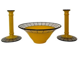 Vintage Art Nouveau Czechoslovakian  Yellow & Black Bowl & Candlesticks Set