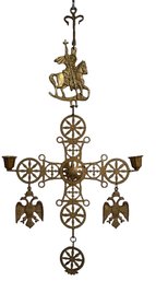 Vintage Brass Byzantine Orthodox Cross With Double Heads Eagles And Candle Holders.