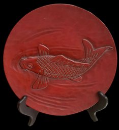 Vintage Japanese Red Lacquer Carved Koi Dish