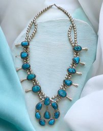 Stunning! Navajo Silver/Turquoise Squash Blossom Necklace