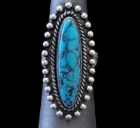 Large Vintage Native American Sterling Silver Turquoise Ring, Size 6.5