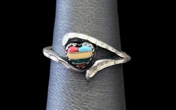 Vintage Designer Sterling Silver Multi Color Inlay Heart Ring, Size 6