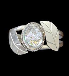 Beautiful Vintage Alpaca Silver Abalone Leaf Cuff Bracelet