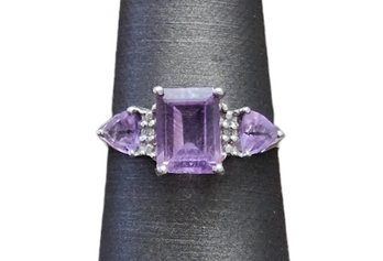 Vintage Designer Sterling Silver Hallmark Stamped Amethyst Stone Ring, Size 7