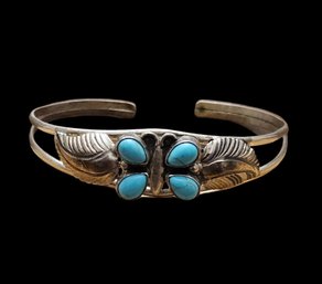 Vintage Native American Navajo Sterling Silver Turquoise Butterfly Adjustable Cuff Bracelet