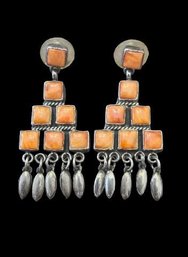 Gorgeous Vintage Native American Sterling Silver Spiny Oyster Dangle Earrings