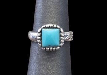 Vintage Native American Sterling Silver Turquoise Square Ring, Size 5