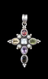 Gorgeous Large Sterling Silver Multi Color Gemstone Cross Pendant