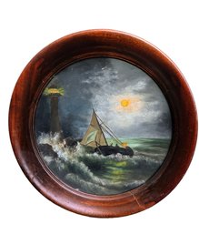 Intriguing Nautical Realism Oil Painting In A Lovely Recessed Round Mahogany Frame