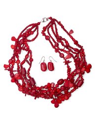 Vintage Designer Sterling Silver 5 Strand Red Coral Necklace And Earring Set