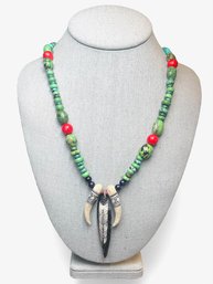 Vintage Sterling Silver Native American Multicolor Beaded Necklace With Horn And Feather Pendants