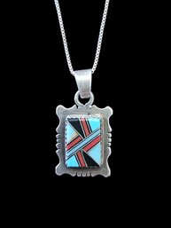 Beautiful Vintage Native American Sterling Silver Multi Color Inlay Pendant On Italian Necklace