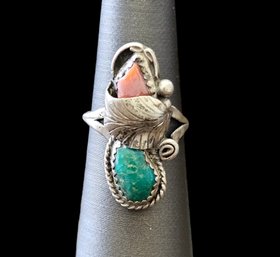 Vintage Native American Sterling Silver Turquoise Coral Feather Ring, Size 6.5