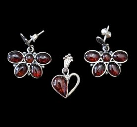 Beautiful Vintage Sterling Silver Amber Butterfly Earrings And Amber Heart Pendant Set