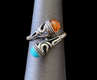 Beautiful Vintage Ornate Amber/Turquoise Color Designer Ring, Size 6.5