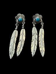 Vintage Native American Sterling Silver Double Feather Dangle Earrings