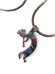 Gorgeous CALVIN BEGAY Designer Sterling Silver Multi Color Inlay Kokopelli Pendant On Italian Chain