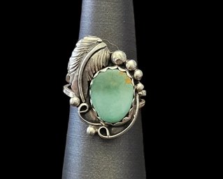 Vintage Signed Native American Designer ORTIZ Sterling Silver Green Turquoise Ring, Size 7.5