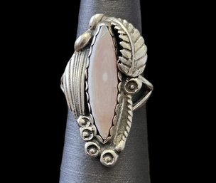 Vintage Native American SC Designer Sterling Silver Pink Mother Of Pearl Feather Ring, Size 6