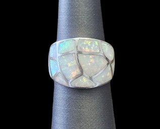 Gorgeous Sterling Silver Opal Inlay Ring, Size 6.5