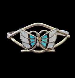 Vintage Native American Sterling Silver Turquoise Mother Of Pearl Inlay Butterfly Bracelet