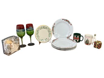 Pretty Christmas Goodies Lot Including Plates, Glasses & More