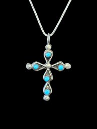 Beautiful Vintage Italian Sterling Silver Reversible Turquoise And Coral Cross Necklace