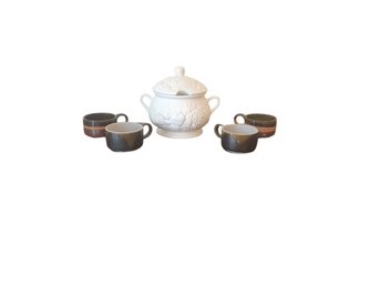 Soup Tureen & Four Ceramic Soup Bowls