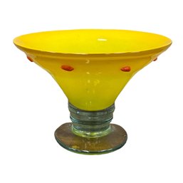 Large Yellow/green Red Footed Pedestal Decorative Art Glass Bowl