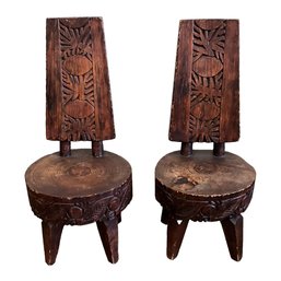 Antique Polish Hand Carved Wood Chairs Set/2