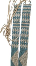 Native American Loom Beaded Indigenous Sash/belt W/ Leather Ties In Turquoise And Aragonite Or White Coral (?)