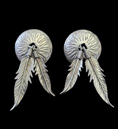 Vintage Native American Sterling Silver Concho Feather Dangle Earrings