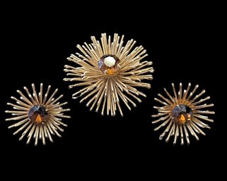 Vintage Signed SARAH COV. 1960's 3D Starburst Brooch And Clip On Earrings Set