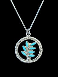 Vintage Italian Sterling Silver Chain W/ Turquoise Needlepoint Pendant