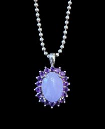 Vintage Italian Sterling Silver Chain W/ Amethyst Lavender Jade Stone Pendant