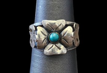 Beautiful Old Vintage Mexican Flower Eagle Turquoise Ring, Size 8.5