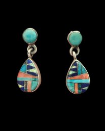 Vintage Southwestern Sterling Silver Opal Turquoise Coral Lapis Multi Color Inlay Dangle Earrings