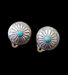 Vintage Native American Sterling Silver Turquoise Concho Clip On Earrings