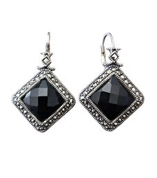 Beautiful Vintage Designer XO Sterling Silver Marcasite Onyx Faceted Earrings