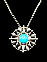 Vintage Sterling Silver Turquoise Sun Pendant Necklace