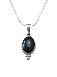 Long Vintage Italian Sterling Silver Shiny Rope Chain W/ Sterling Silver Onyx Pendant