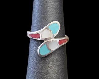 Vintage Sterling Silver Mother Of Pearl Turquoise Coral Inlay Ring, Size 5.5