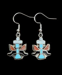 Vintage Native American Sterling Silver Mother Of Pearl Turquoise Coral Onyx Inlay Dangle Earrings