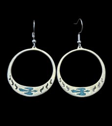 Vintage Native American Sterling Silver Turquoise Thunderbird Inlay Dangle Earrings