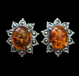 Beautiful Vintage Sterling Silver Marcasite Amber Stud Earrings