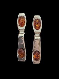 Vintage Sterling Silver Amber Hinged Dangle Earrings