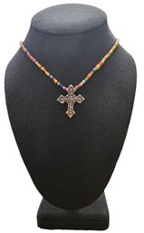 Beautiful Vintage Designer ANDREA BARNETT Sterling Silver Multi Color Beaded Cross Necklace