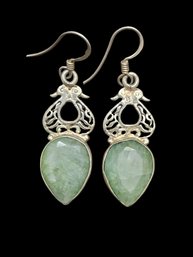 Vintage Sterling Silver  Faceted Jade Dangle Earrings